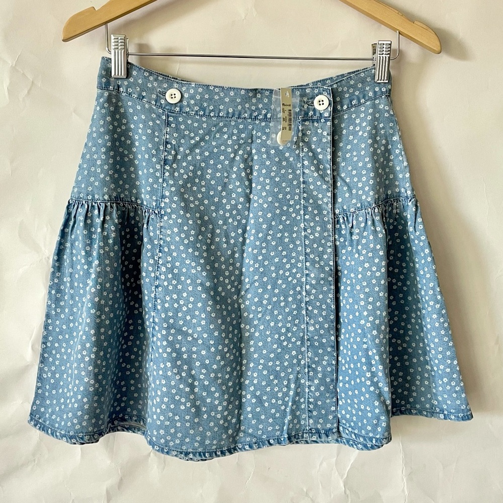 Madewell lightweight indigo denim wrap front short skirt flower print 2 NWT